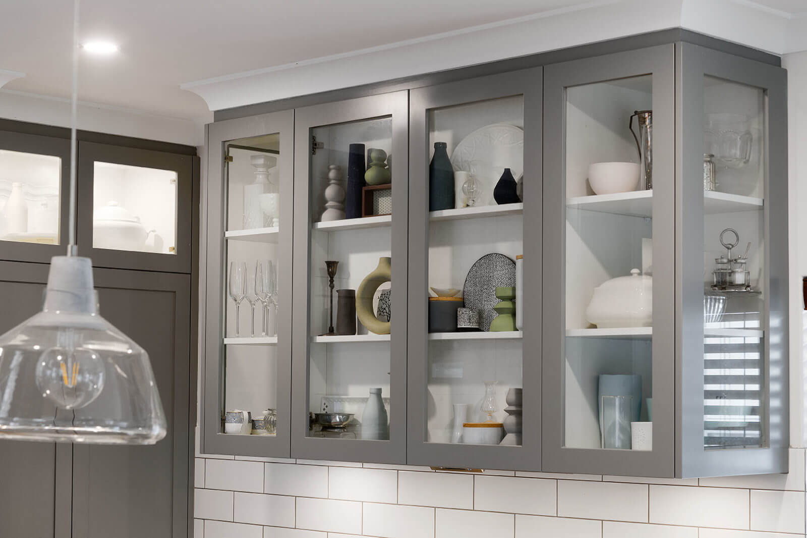 Grey Kitchen Cabinet With Glass