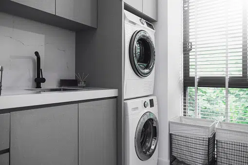 Modern Laundry Room with window wooden blind